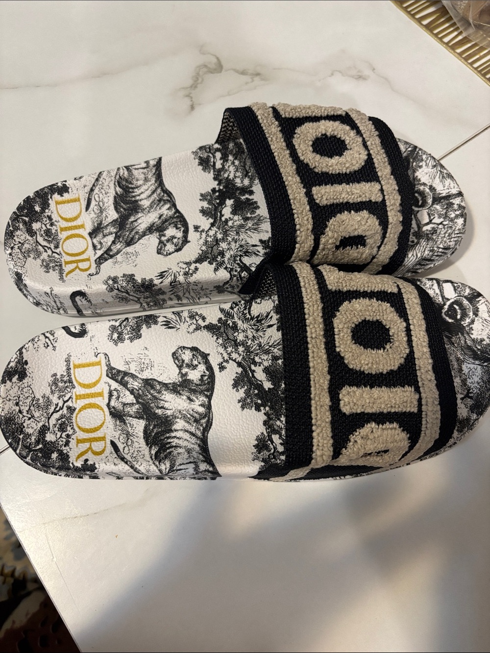 Fashion slides  Black, Cream and Gold Embroidered Logo Slide Sandals - Picture 6 of 6
